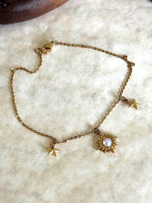 Gold Celestial Sunburst and Star Anklet